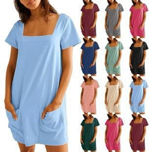 🎉🛍️Summer Specials👗Women's Casual Square Neck Pocket Short Sleeve Dress with Pockets