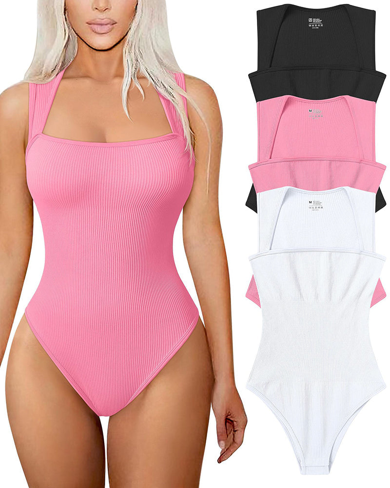 🔥Hot Sale Buy 1 Get 1 Free🩱Sexy Ribbed Strappy Square Neck Sleeveless Tummy Control Tank Tops Bodysuits