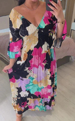 🎊Mother's Day Limited Time 50% OFF💃V-neck Floral Seaside Vacation Loose Dress