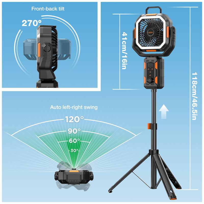 Camping Fan with Detachable Tripod, 30000mAh Rechargeable Fan with LED Lights & 270° Pivot,4 in 1 Cordless Camping Fan, Remote Control Shaking Head Desk Fan for Camping Tent Travel Bedroom Portable Motor summerwins