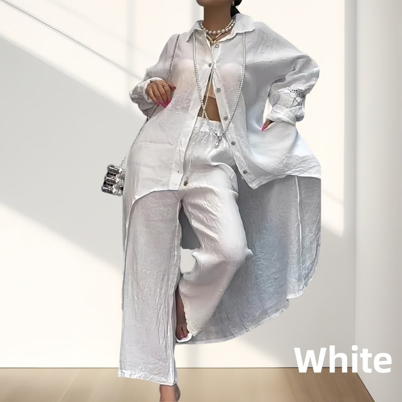 š„Hot Saleš„Womenās Trendy Solid Color Two-Piece Outfit Long Sleeve Shirt & Pants