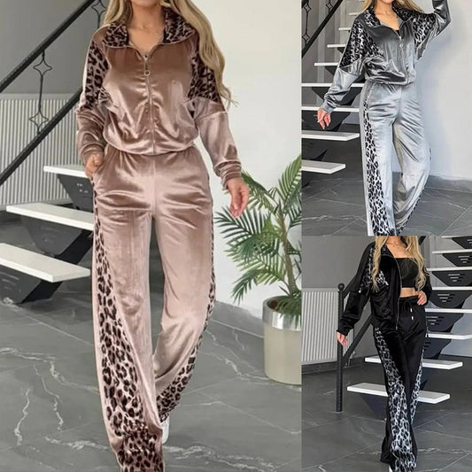 Women's Fashion Leopard Print Zipper Top&Drawstring Pants 2-Piece Set