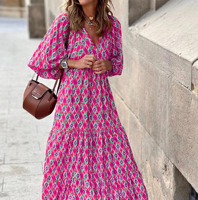 🎊Big price reduction🎊2025 Popular Women's Elegant Puff Sleeve Floral Boho Maxi Dress