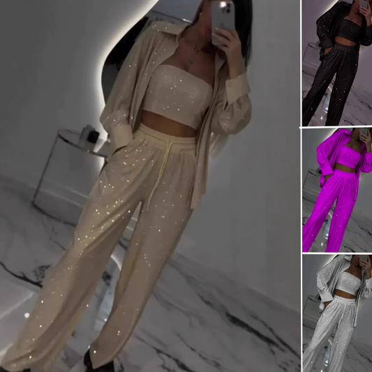 💕2025 HOT SALE—50%OFF 👠Must-Have for Shiny Partiest✨ Dazzling Blazer & Wide-Leg Pants, Stylish and Grand, Perfect for Parties! (3-piece set)