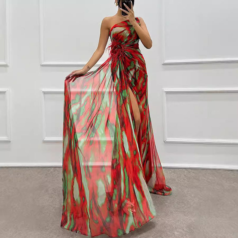 🌸Spring Specials💐 Women's Vibrant One-Shoulder High-Slit Maxi Dress💃 make every appearance dazzling!