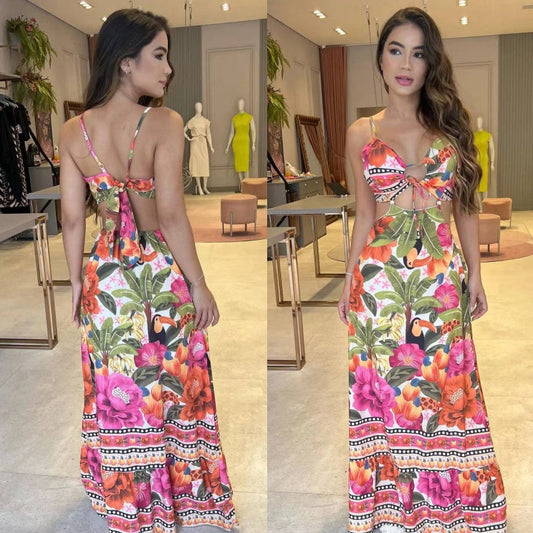 👗🌴Women's Halter Sleeveless Backless Sexy Beach Dress🩱Tropical Style, Perfect for Vacations, Show Off Your Curves!