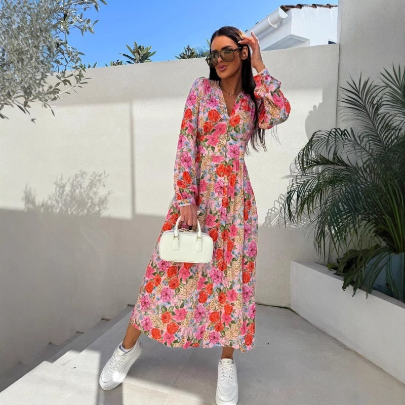 🌺Summer New Arrivals🌷Fashion V-Neck Button Long Sleeve Floral Waist Dresses