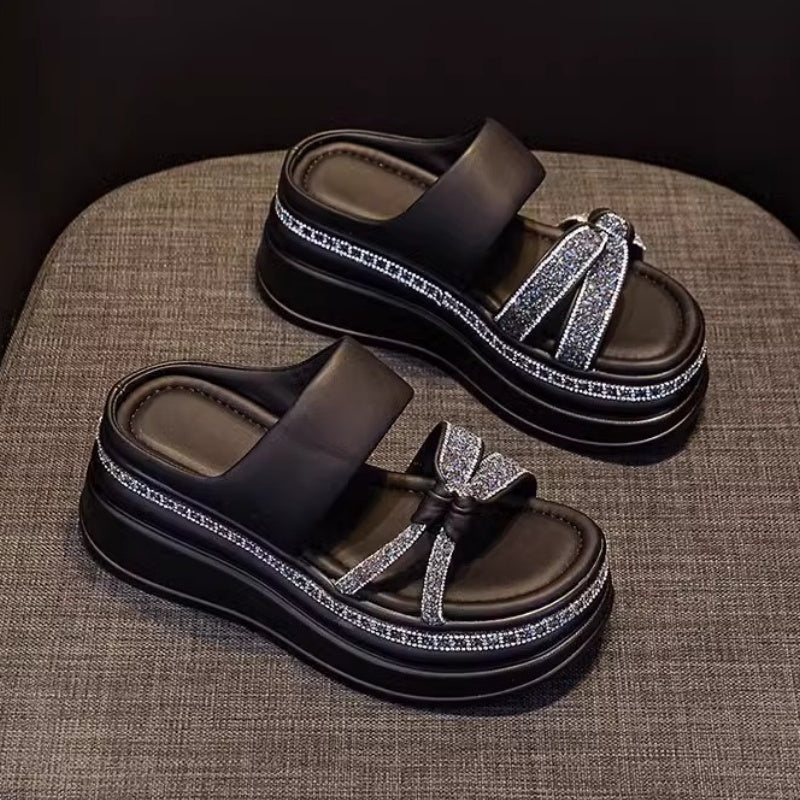 🌺Fashion Height Increase👡Women's Rhinestone Thick Platform Slip-On Sandals
