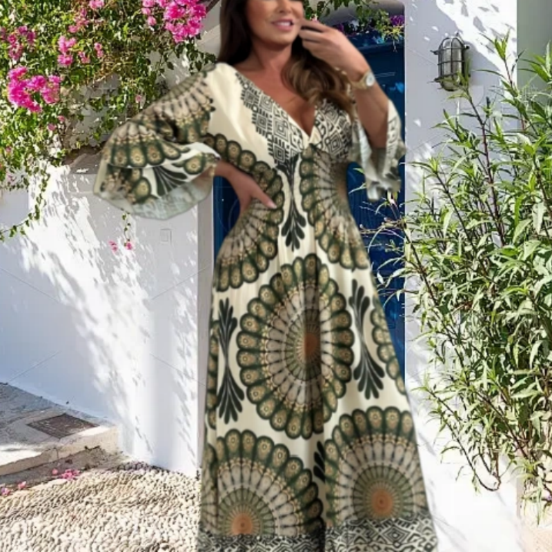 💖 2025 New Arrivals👗Women's Lucky Print Maxi Dress--Elasticated Waistband for Slimming