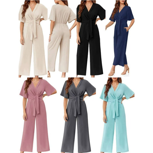 💖Women's Elegant V-Neck Wide Leg Waist Tie Jumpsuit