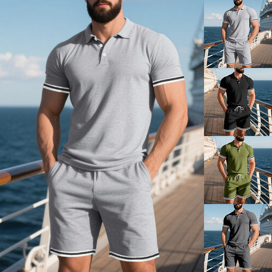 Men's Casual Lapel Short Sleeve Top & Shorts Two-Piece Set