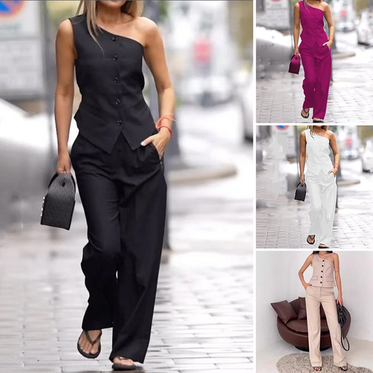 💃👗 2025 European and American Fashion New Style Set, Slant Shoulder Sleeveless+High Waist Straight Leg Pants!