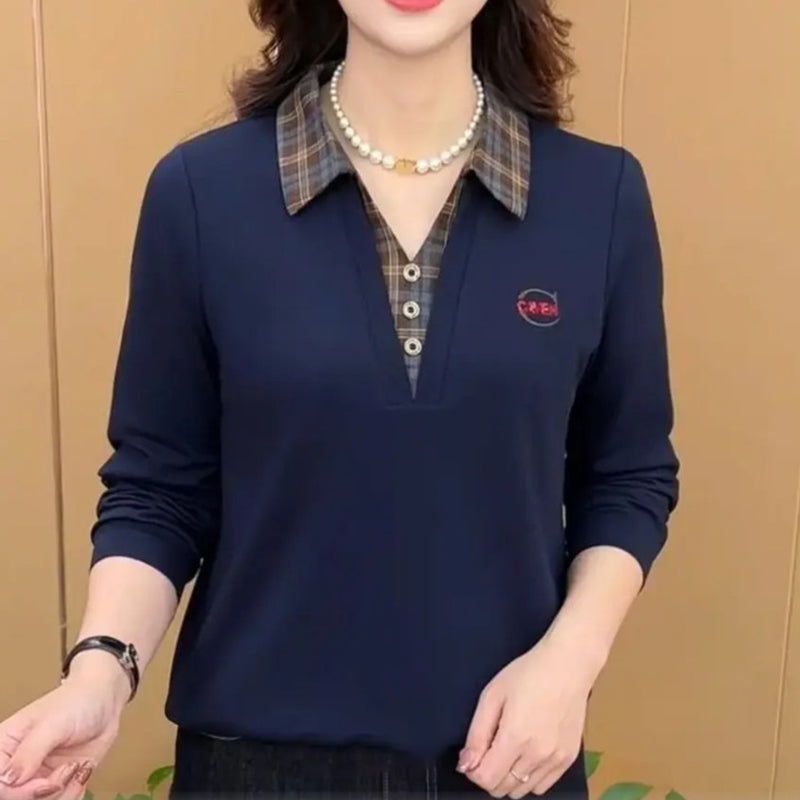 Comfortable Faux 2-Piece Top: Plaid Shirt Collar