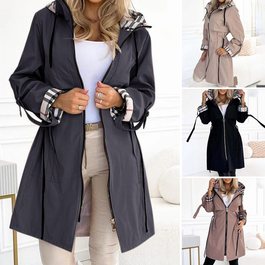 Long Hooded Drawstring Waist-Cinching Zipper Windbreaker