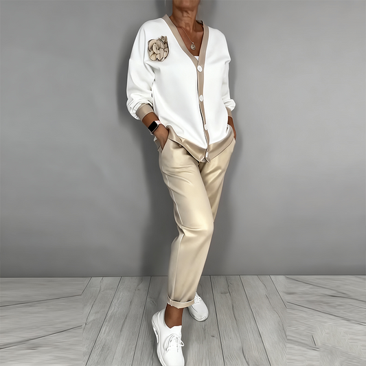 Women’s Casual V-Neck Top & High Waist Pants 2-Piece Set