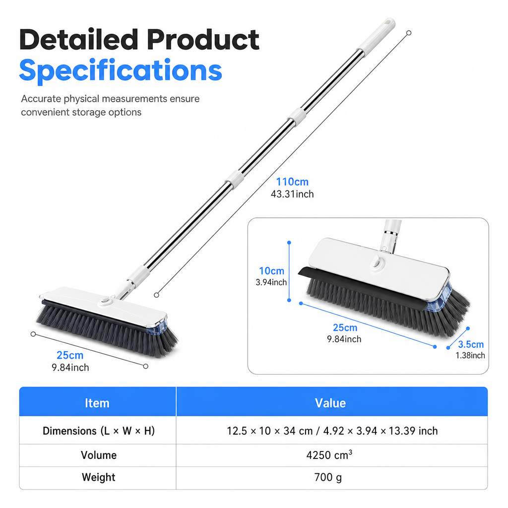 Long Handle Floor Scrub Brush with Stiff Bristles and Squeegee 2-in-1 Household Bathroom Cleaning Tool with Built-in Soap Dispenser and Detachable Head