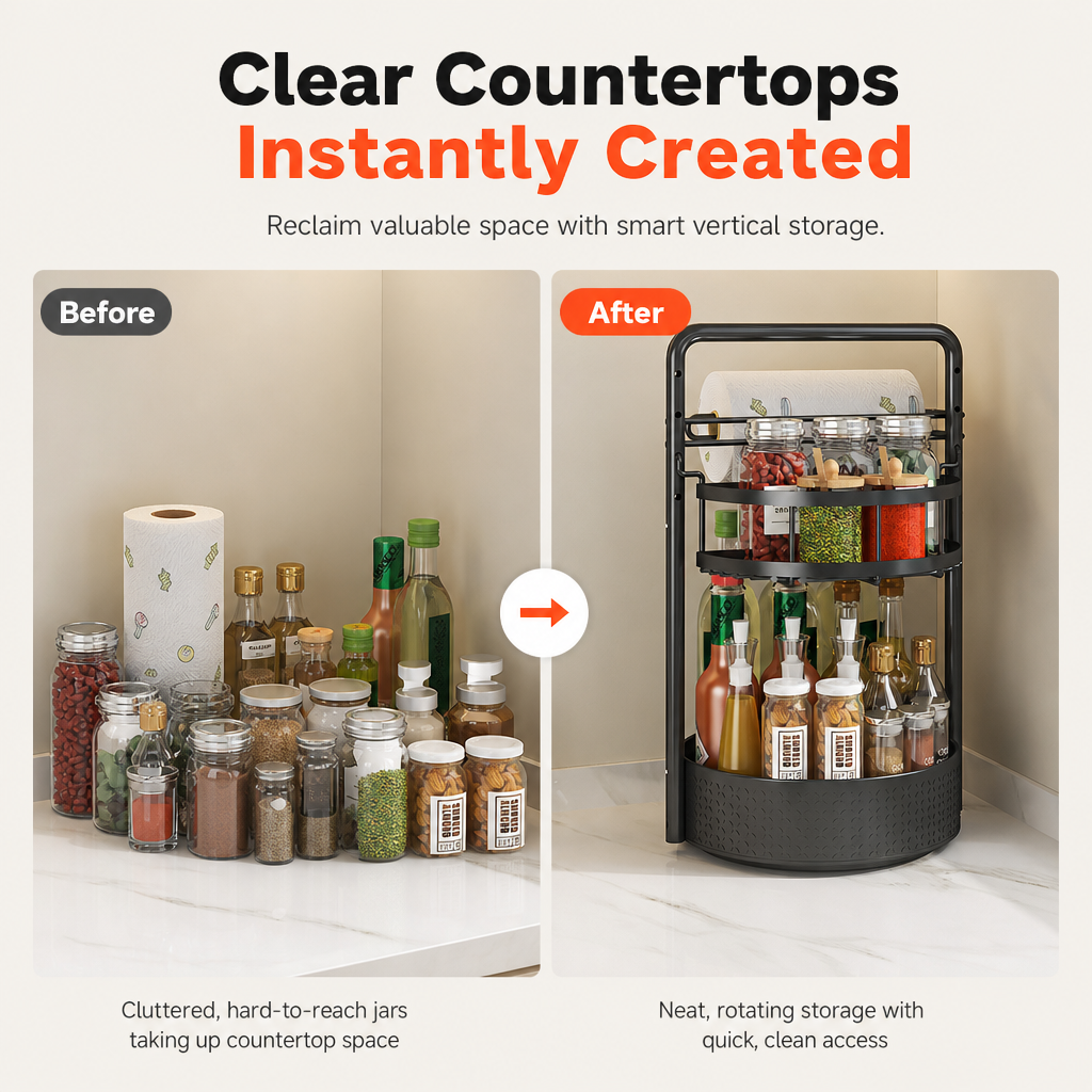 🔥50% OFF!!📢🌀 Rotating Spice Rack Organiser – 360° Spinning Condiment Holder for Kitchen Countertops ✨