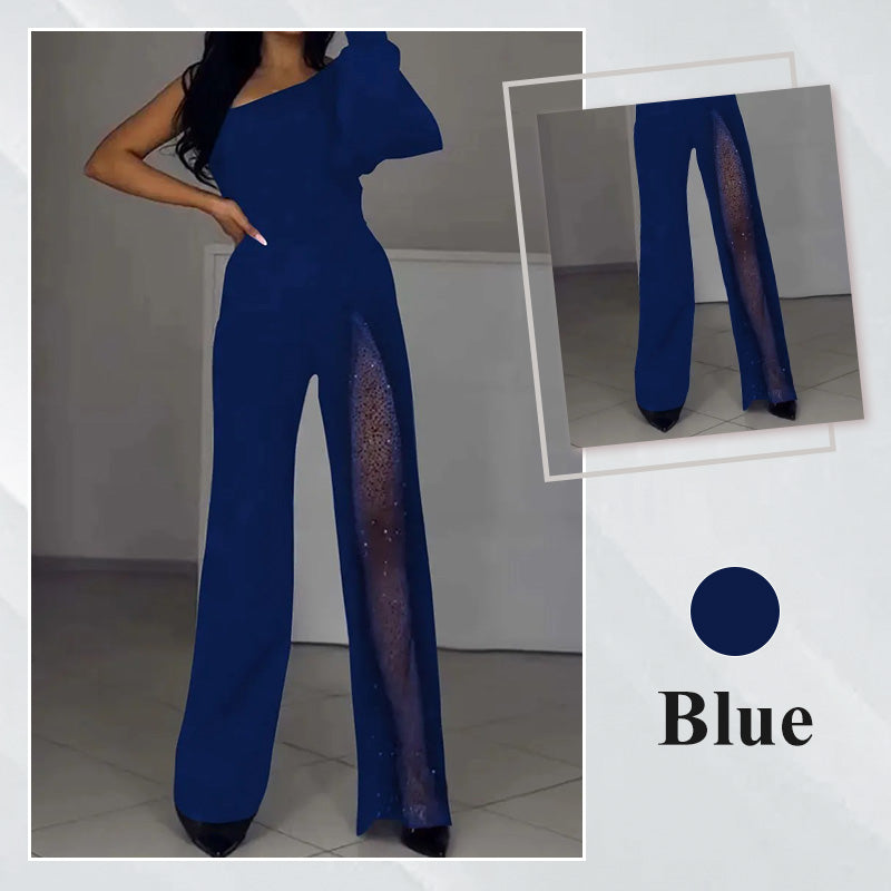 ✨👠Sparkling One Shoulder Mesh Flared Jumpsuit🖤