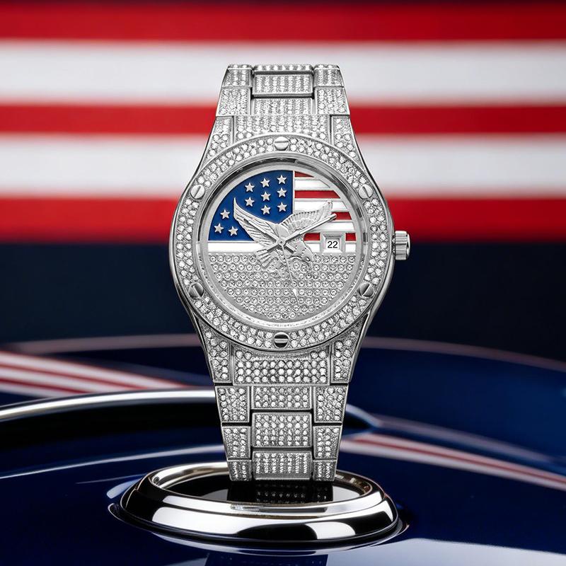 Iced Out Gold US Flag Eagle Watch Diamond Quartz Watch