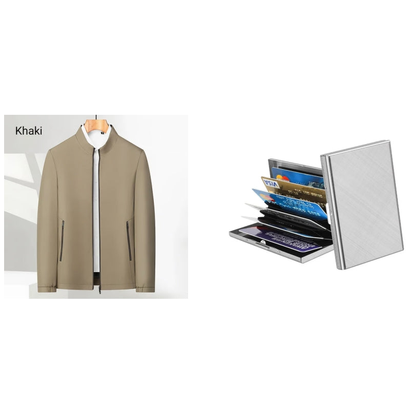 👑Essential Business Suit👑 Men's Standing Collar Zipper Casual Jacket+Credit card case