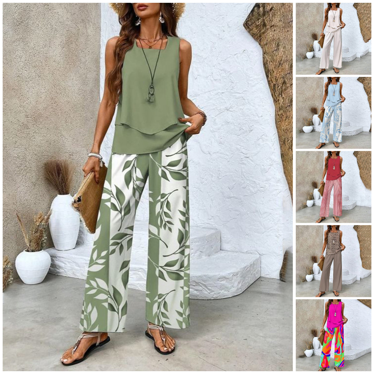 🎉Weekend Promotion 50% OFF🌺Women’s Trendy Print 2 Piece Outfits Sleeveless Top & Pants✨