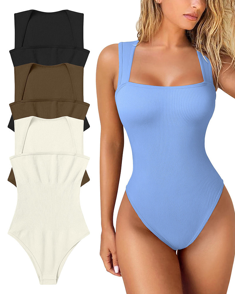 🔥Hot Sale Buy 1 Get 1 Free🩱Sexy Ribbed Strappy Square Neck Sleeveless Tummy Control Tank Tops Bodysuits