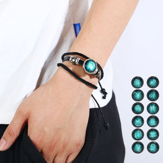 🎁Great Gift🌌Luminous 12 Constellations Bead Leather Woven Bracelet