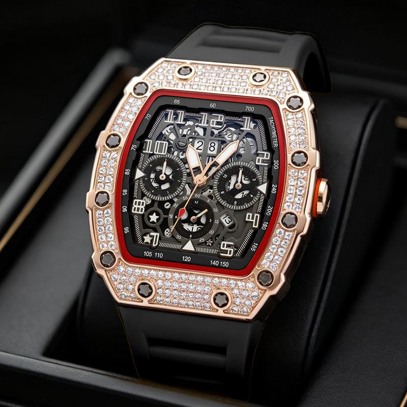 Men's Luxury barrel-shaped watch Rhinestone Embellished Watch