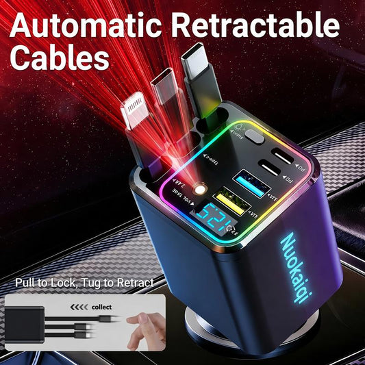 🎁Time-Sensitive Exclusive Deal! ⏰Fast Charging 7-in-1 Retractable Fast Car Charger with Voltage Display – USB-C For Android&Lighting For APPLE🔋📱