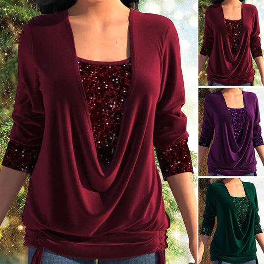 ✨👗Sequin Loose Smocked Fake Two-Piece Top Stylish and Versatile, Comfortable and Shapely, Exudes Elegant Feminine Charm!