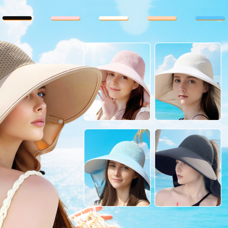 🌞Summer Sun Protection Essentials 👒Large-brim Hollow Sunscreen Hat with Removable Neck Shawl