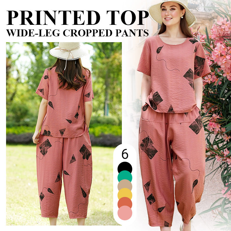 🎉Spring Hot Sale 50% OFF🔥Women's Printed Short-Sleeved Top & Wide-Leg Cropped Pants Set