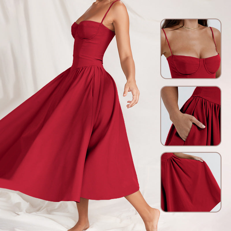 💕Spring New💃Spaghetti Strap Pleated Corset Midi Dress with Pocket