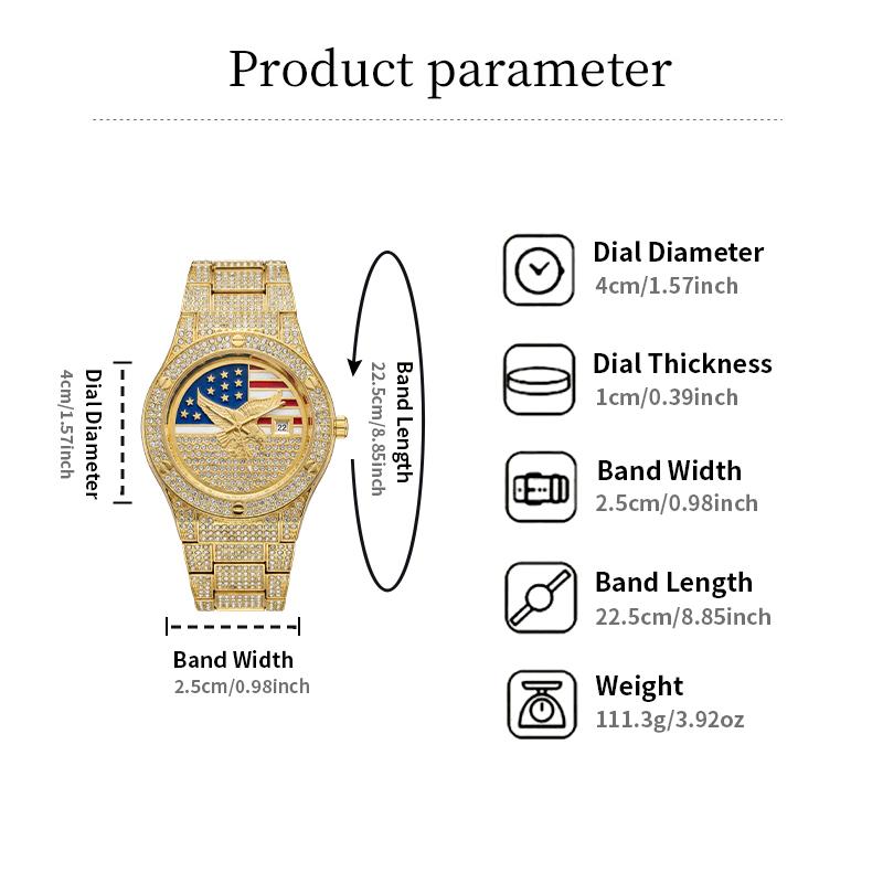 Iced Out Gold US Flag Eagle Watch Diamond Quartz Watch
