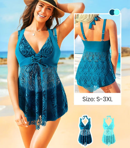 ✨Summer Hot Sale 🔥Women's V-Neck Lace Swimdress ＆ Boyshorts Two-Piece Set