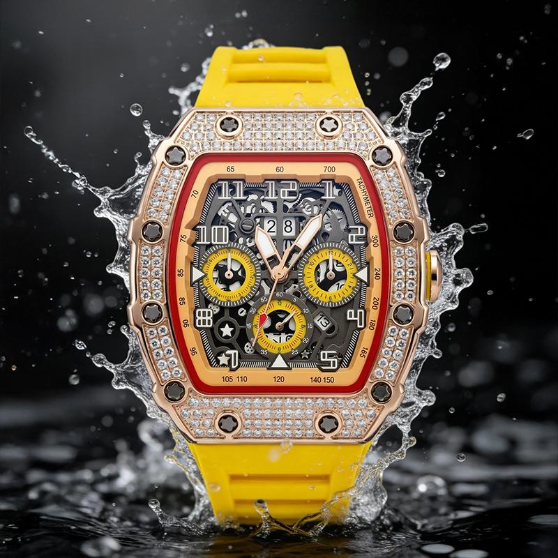 Men's Luxury barrel-shaped watch Rhinestone Embellished Watch