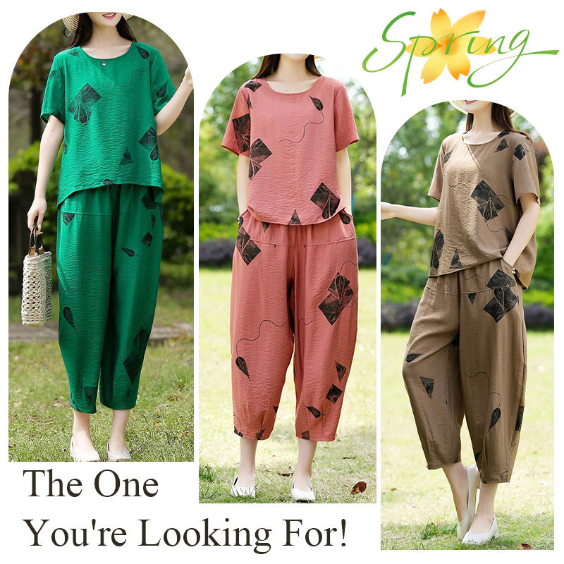 🎉Spring Hot Sale 50% OFF🔥Women's Printed Short-Sleeved Top & Wide-Leg Cropped Pants Set