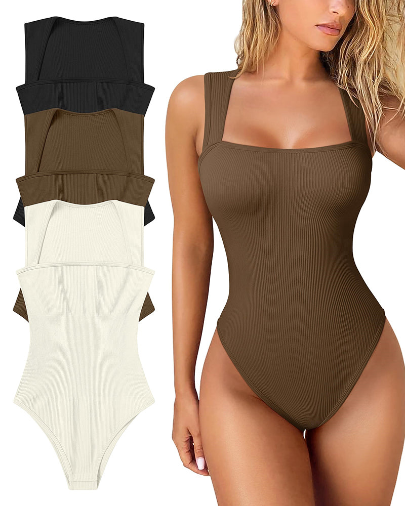 🔥Hot Sale Buy 1 Get 1 Free🩱Sexy Ribbed Strappy Square Neck Sleeveless Tummy Control Tank Tops Bodysuits