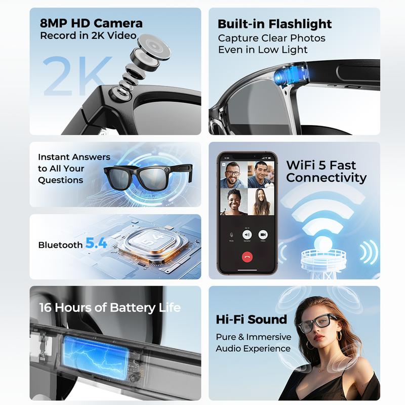💎 50% OFF! 💎 Smart AI Camera Glasses with 8MP Photochromic Lenses ,Button Touch Adjustment for Travel Outdoor Adventures Hands-Free Photography 160+Languages Real-Time Translation Bluetooth Wireless Wearable Video Recording UV Protection