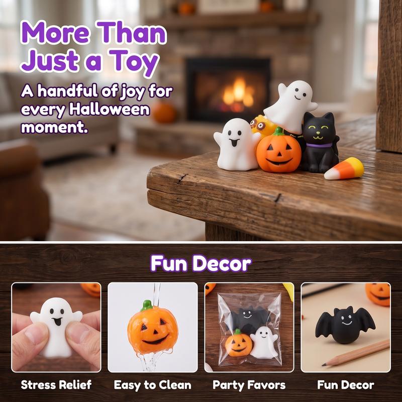 Halloween Squishies Stress Relief Toy Set, Classic Pumpkin/Ghost/Bat Shapes, Super Soft TPR Material with Elastic Squeeze Feel, Washable & Durable, Assorted 24 pcs for Party Favors, Classroom Rewards & Trick-or-Treat