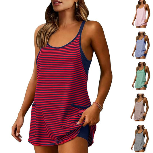 Women's Striped Tankini Dress with Pockets