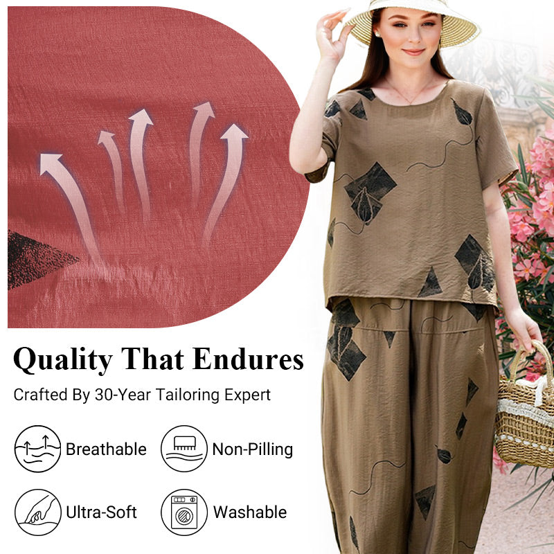 🎉Spring Hot Sale 50% OFF🔥Women's Printed Short-Sleeved Top & Wide-Leg Cropped Pants Set