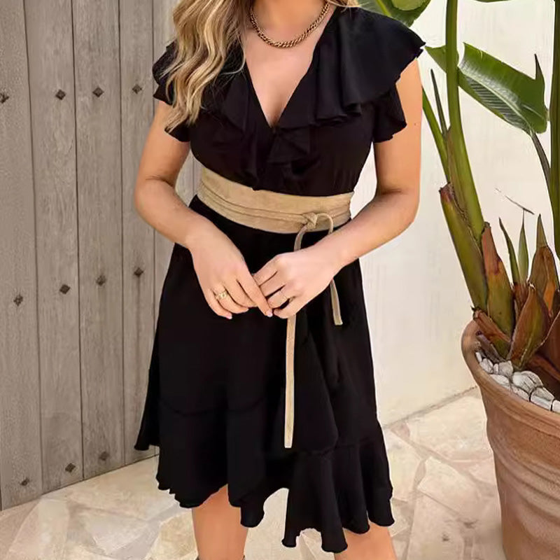 🎉Summer New Arrivals👗Women's Elegant Waist Tie V-Neck Ruffle Dress