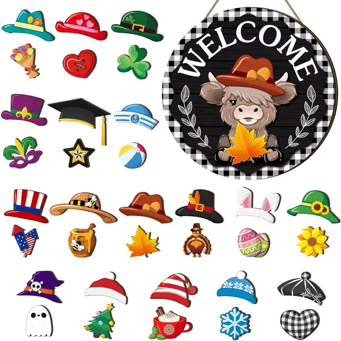 🐇 Easter Sale: 50% OFF！！💥Highland Cow Sign Interchangeable Welcome Sign with Magnet Detachable Hats Cute Cattle Hanging
