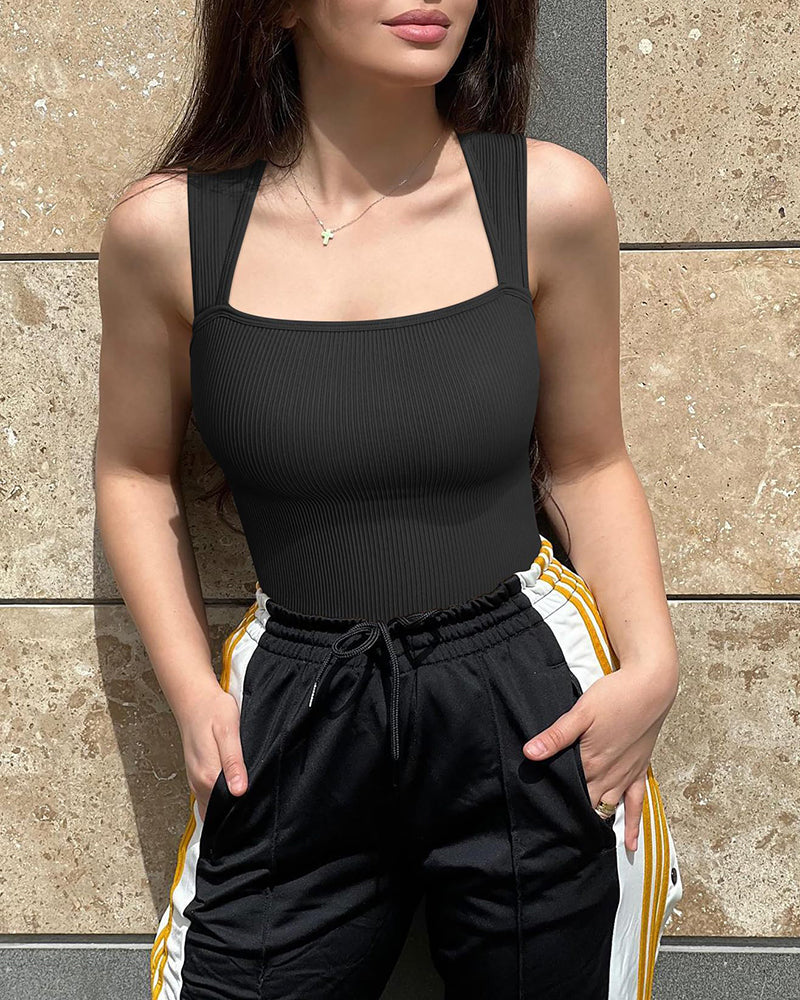 🔥Hot Sale Buy 1 Get 1 Free🩱Sexy Ribbed Strappy Square Neck Sleeveless Tummy Control Tank Tops Bodysuits