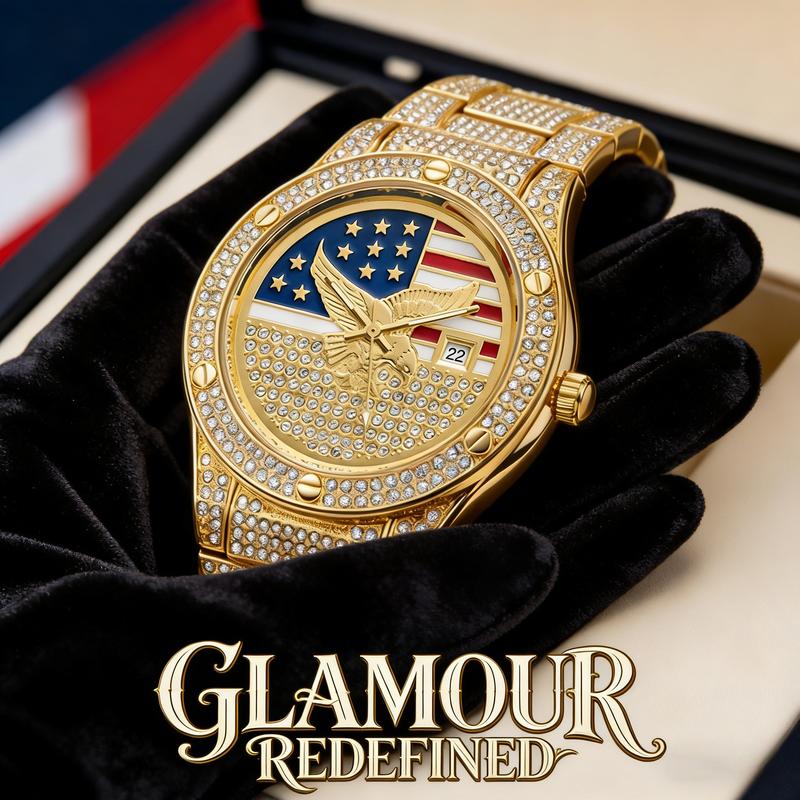 Iced Out Gold US Flag Eagle Watch Diamond Quartz Watch