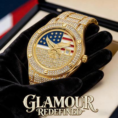 Iced Out Gold US Flag Eagle Watch Diamond Quartz Watch