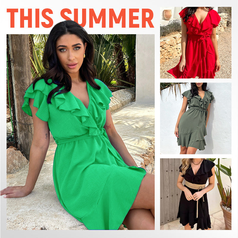 🎉Summer New Arrivals👗Women's Elegant Waist Tie V-Neck Ruffle Dress