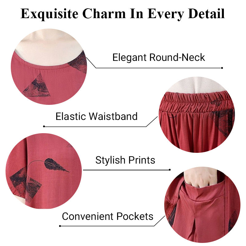 🎉Spring Hot Sale 50% OFF🔥Women's Printed Short-Sleeved Top & Wide-Leg Cropped Pants Set