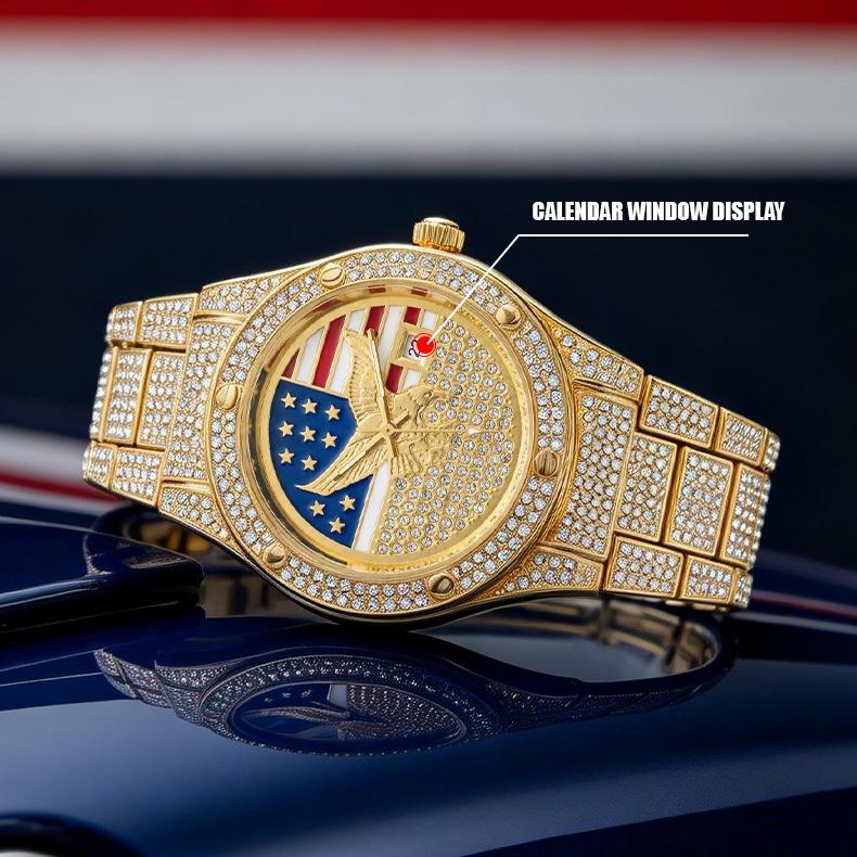 Iced Out Gold US Flag Eagle Watch Diamond Quartz Watch